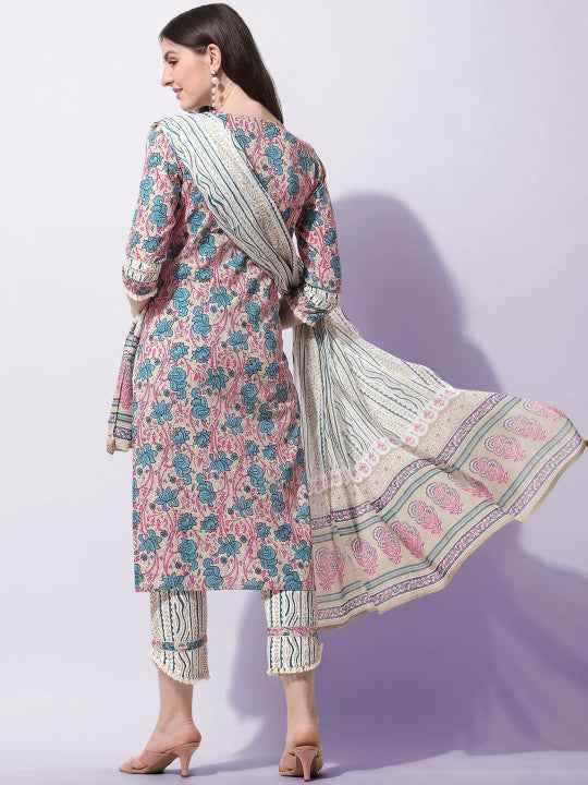 Women Plus Size Cream-Coloured Ethnic Motifs Printed Pure Cotton Kurta Set