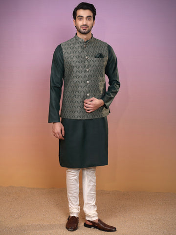 KISAH Mandarin Collar Straight Kurta With Churidar & Nehru Jacket