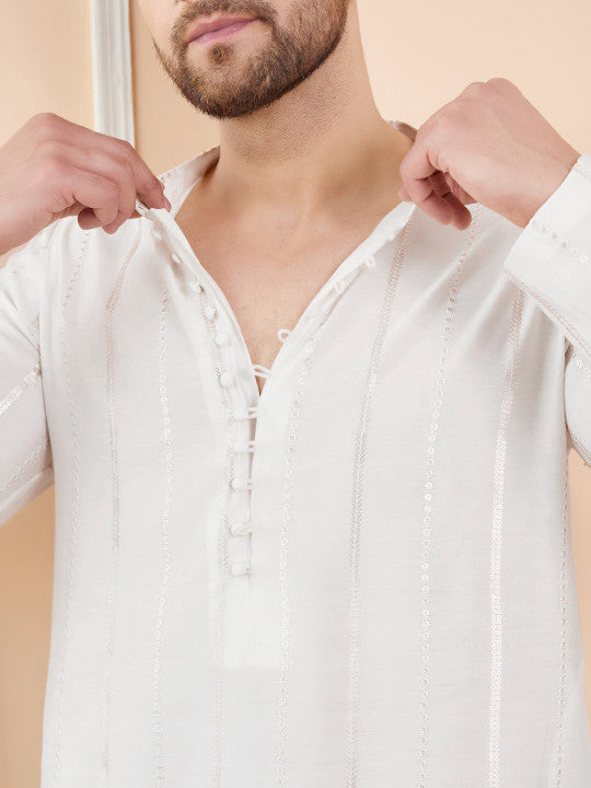 Striped Embroidered Thread Work Chanderi Silk Straight Kurta With Pyjamas