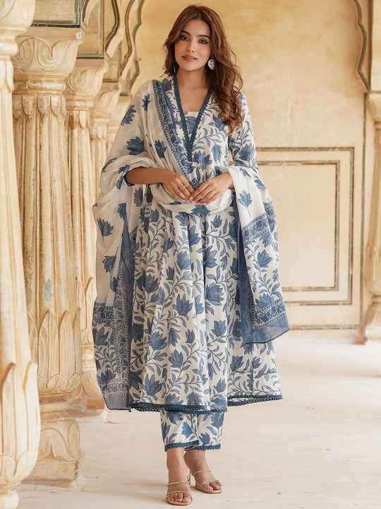 Floral Printed Anarkali Pure Cotton Kurta with Trousers & Dupatta