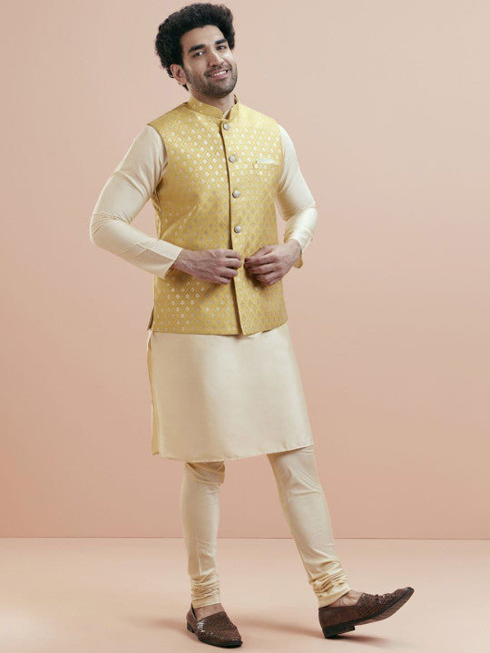 KISAH Mandarin Collar Jodhpuri Straight Kurta With Churidar & Nehru jacket
