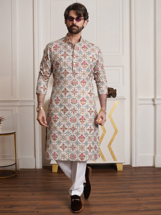 SOJANYA Ethnic Motifs Printed Mandarin Collar Kurta With Pyjamas