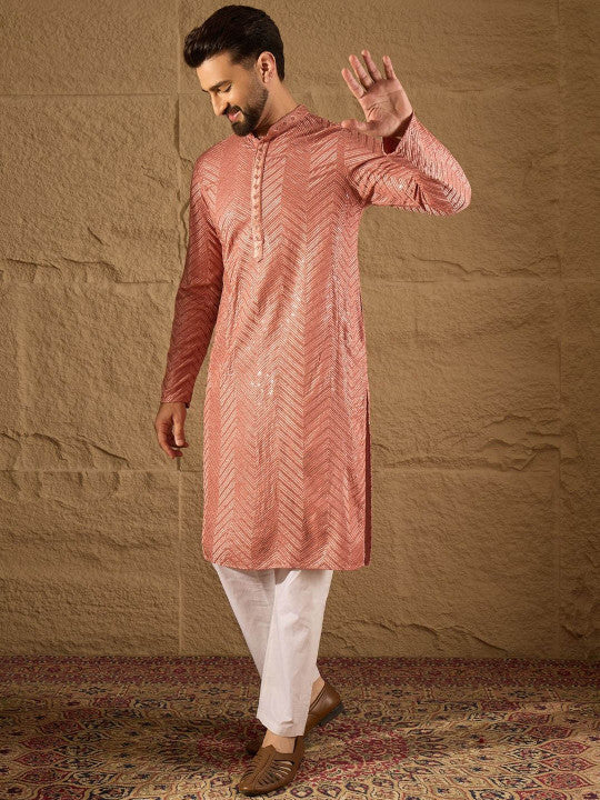House of Pataudi Chevron Embroidered Mandarin Collar Straight Kurta With Trousers