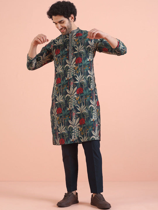 KISAH Men Floral Printed Regular Kurta with Trousers