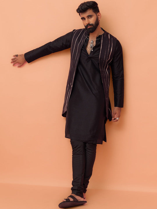 KISAH Mandarin Collar Straight Kurta with Churidar & Printed Jacket