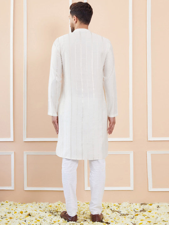 Striped Embroidered Thread Work Chanderi Silk Straight Kurta With Pyjamas