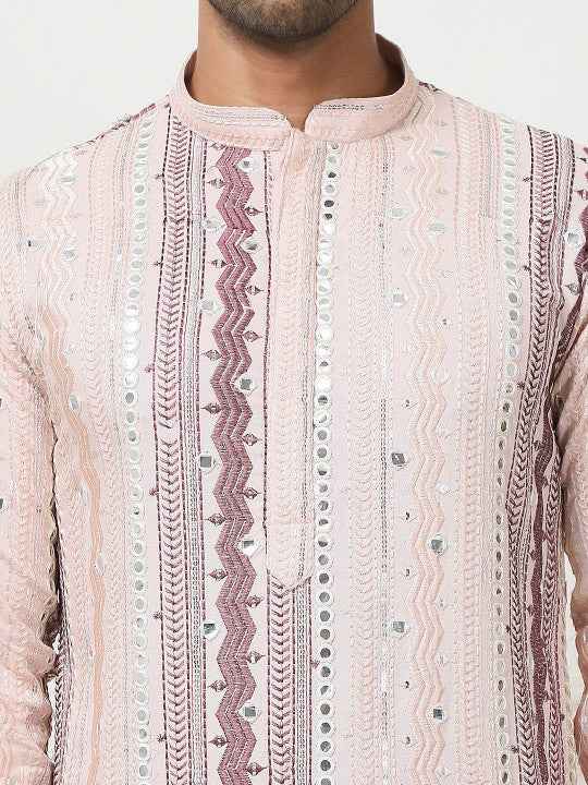 Pink Geometric Embroidered Mirror Work Mandarin Collar Regular Kurta with Pyjamas
