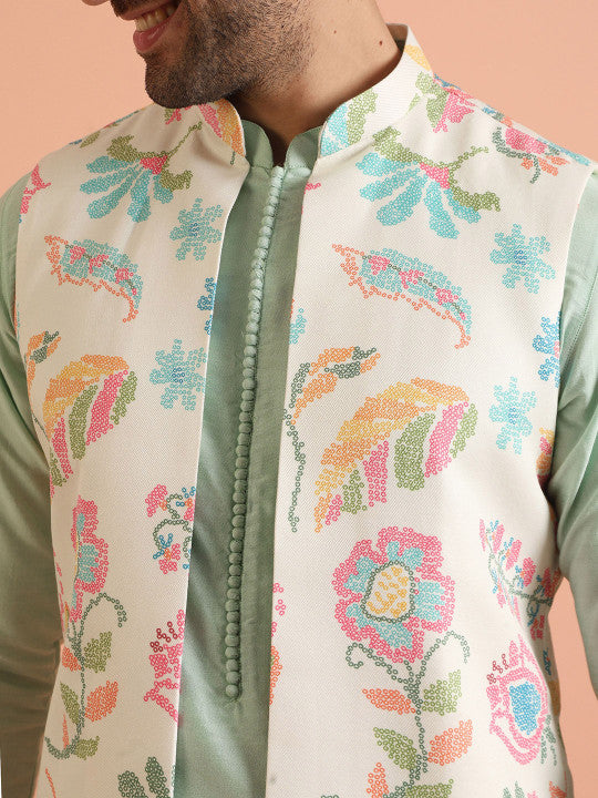 KISAH Mandarin Collar Straight Kurta And Trousers With Jacket