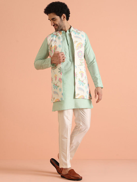 KISAH Mandarin Collar Straight Kurta And Trousers With Jacket