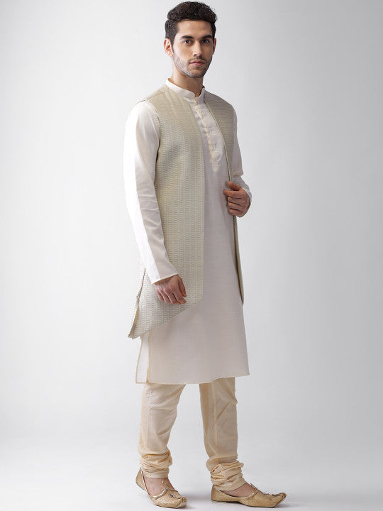 Men Textured Regular Fit Geometric Pattern Kurta Jacket Churidar Set