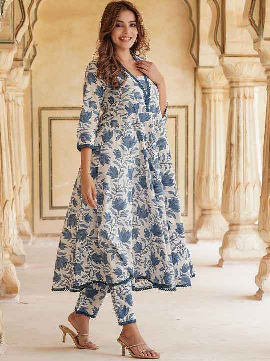 Floral Printed Anarkali Pure Cotton Kurta with Trousers & Dupatta