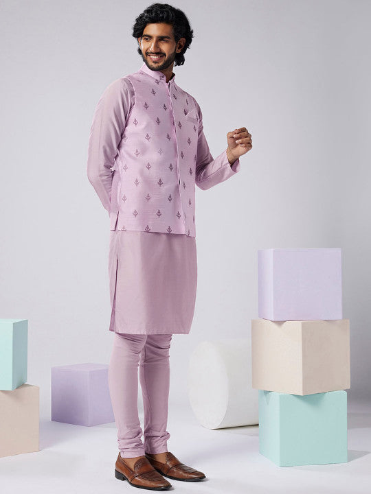 KISAH Mandarin Collar Kurta With Churidar & Embroidered Nehru Jacket