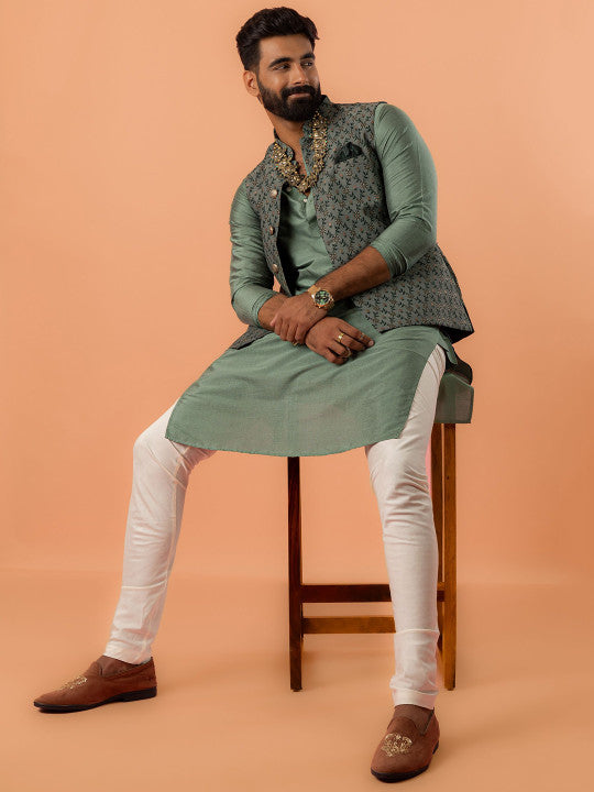 KISAH Mandarin Collar Straight Kurta With Churidar & Woven Design Nehru jacket