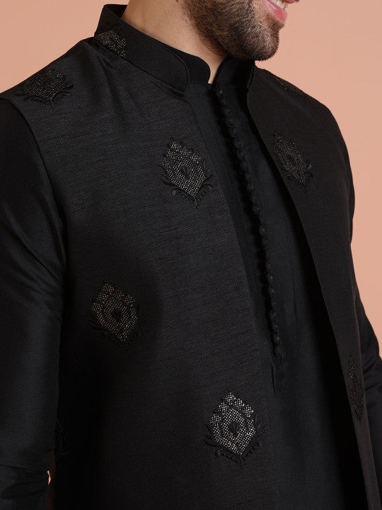 KISAH Mandarin Collar Kurta With Ethnic Motifs Embroidered Nehru Jacket & Trouser Set