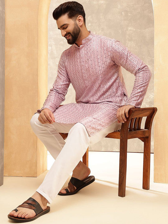 SOJANYA Ethnic Motifs Embroidered Mandarin Collar Sequinned Straight Kurta With Pyjamas