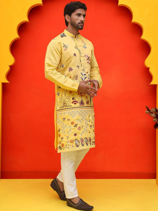 Jompers Floral Embroidered Mandarin Collar Thread Work Straight Kurta With Pyjamas