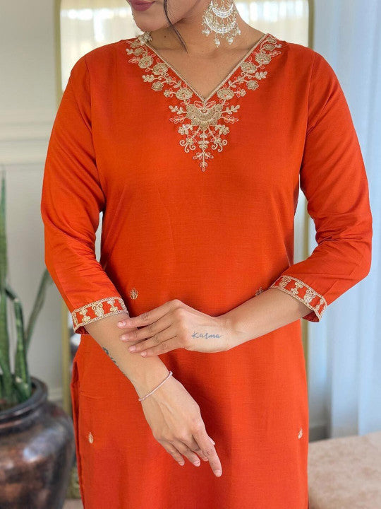 VARNI FABRICS Floral Embroidered V-Neck Sequinned Straight Kurta With Trousers And Dupatta - Dhevu