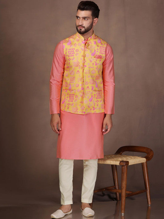 KISAH Men Printed Kurta Nehru Jacket Trouser Set