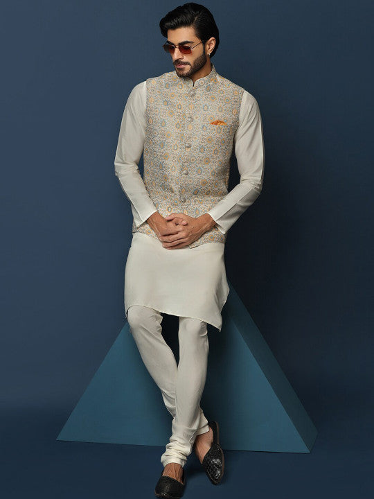 KISAH Mandarin Collar Regular Kurta with Churidar & Printed Nehru Jacket