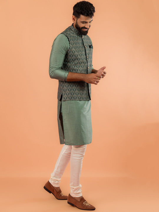 KISAH Mandarin Collar Straight Kurta With Churidar & Woven Design Nehru jacket