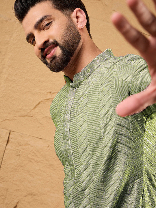 House of Pataudi Chevron Embroidered Mandarin Collar Straight Kurta & Trousers