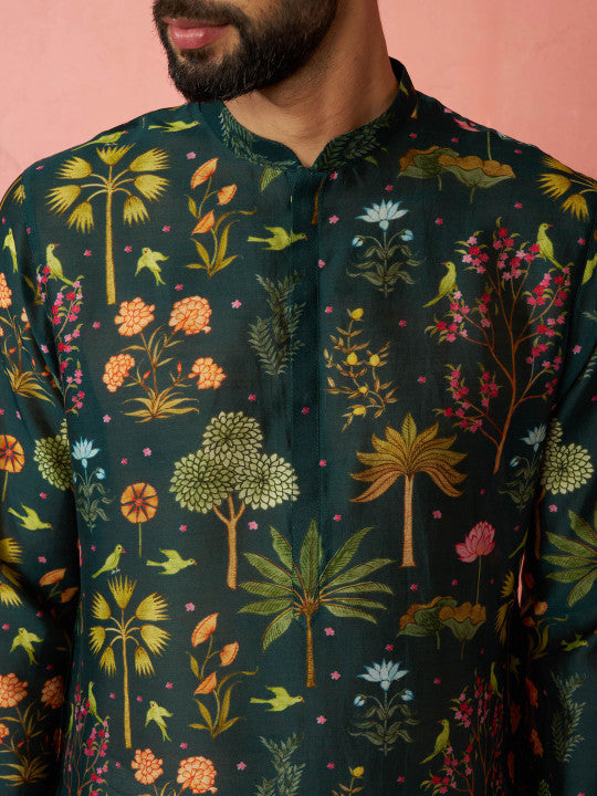 VASTRAMAY Floral Printed Band Collar Straight Kurta With Trousers