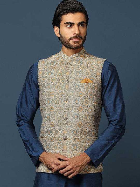 KISAH Mandarin Collar Kurta with Churidar & Printed Nehru Jacket
