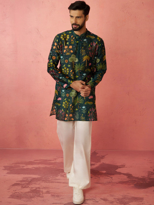 VASTRAMAY Floral Printed Band Collar Straight Kurta With Trousers