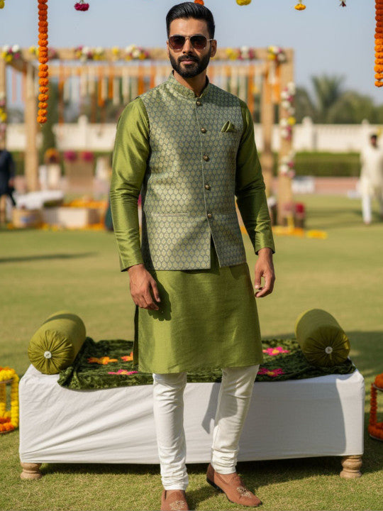 KISAH Men Geometric Kurta Nehru Jacket Churidar Set