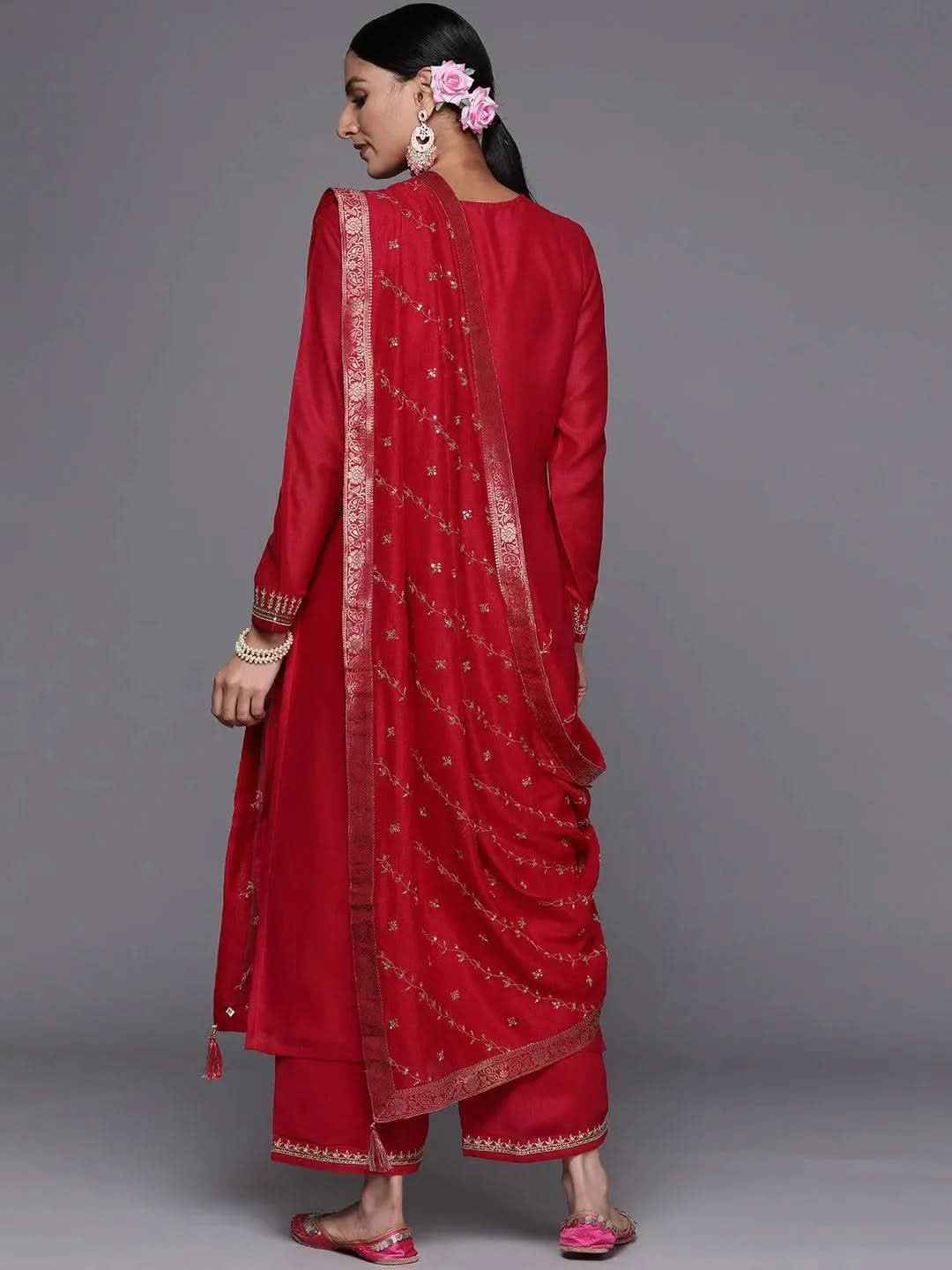 Magenta Embroidered Silk Blend Straight Suit With Dupatta