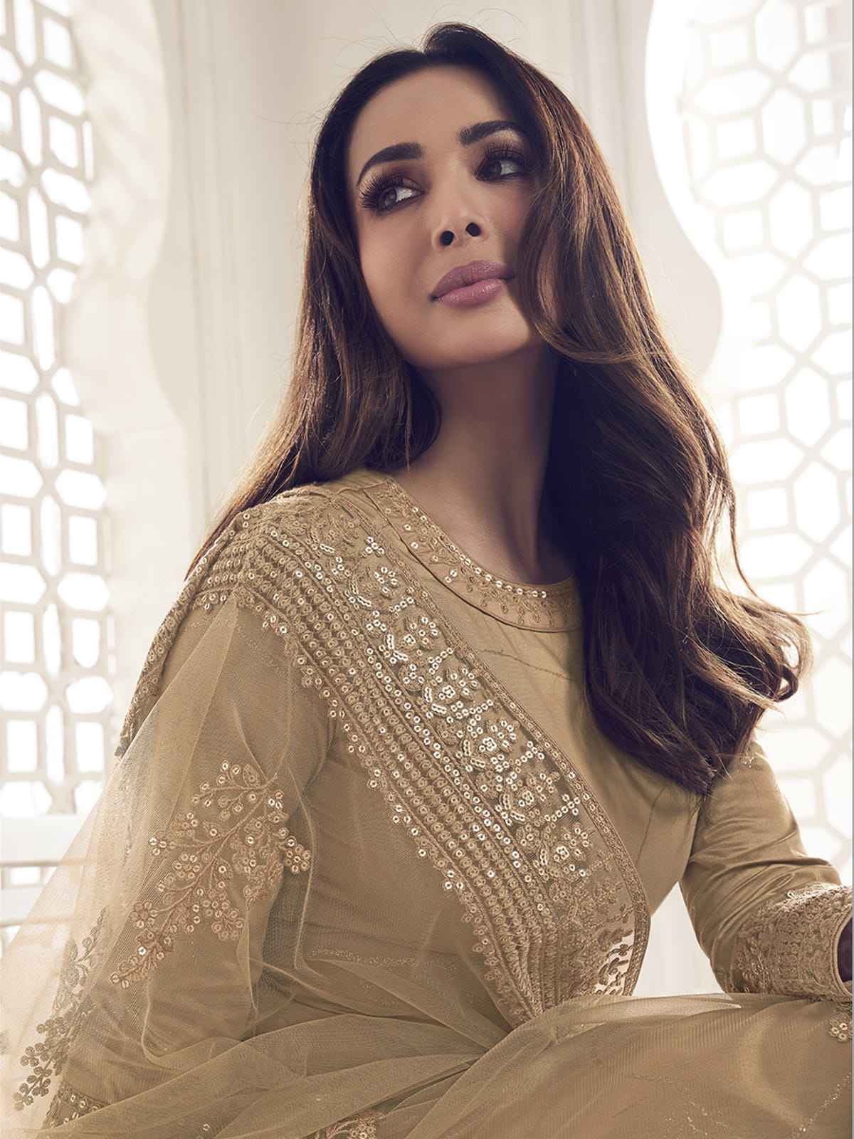 Beige Floral Thread and Sequines Embroidered Kurta Set