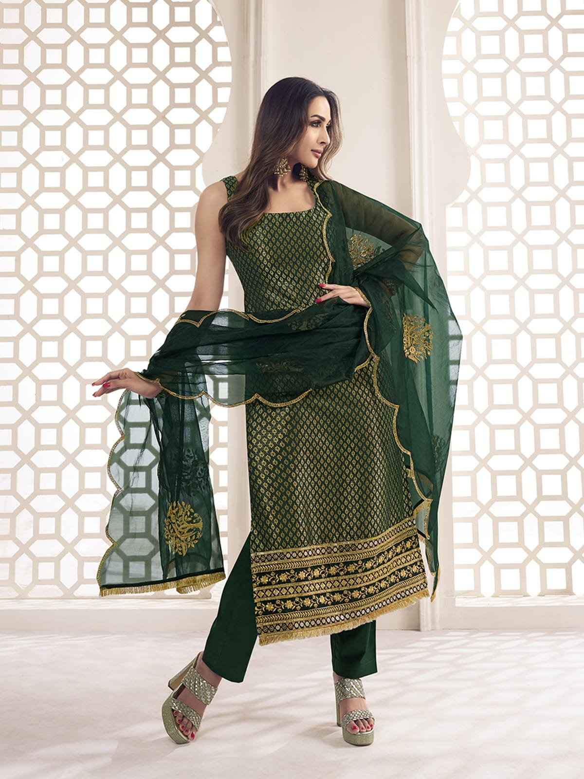 Bottle Green Zari Woven Embroidered Stright Kurta Set