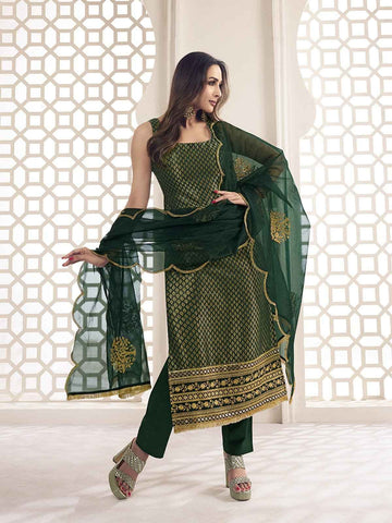 Bottle Green Zari Woven Embroidered Stright Kurta Set