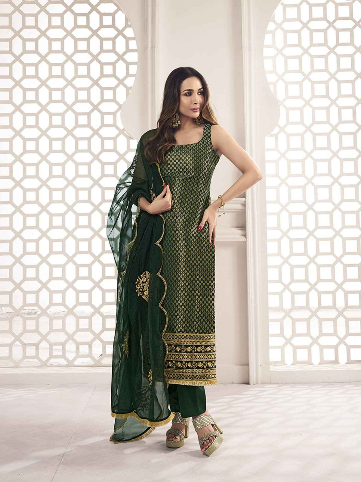 Bottle Green Zari Woven Embroidered Stright Kurta Set