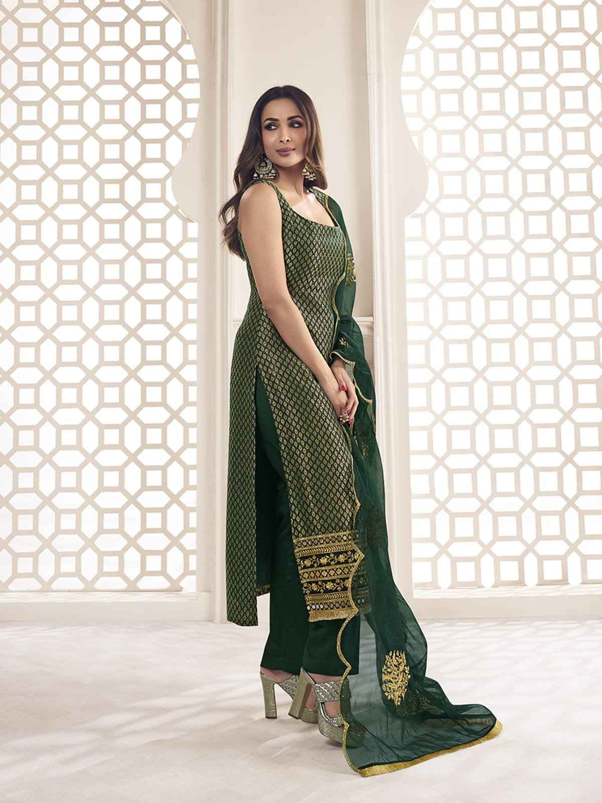 Bottle Green Zari Woven Embroidered Stright Kurta Set