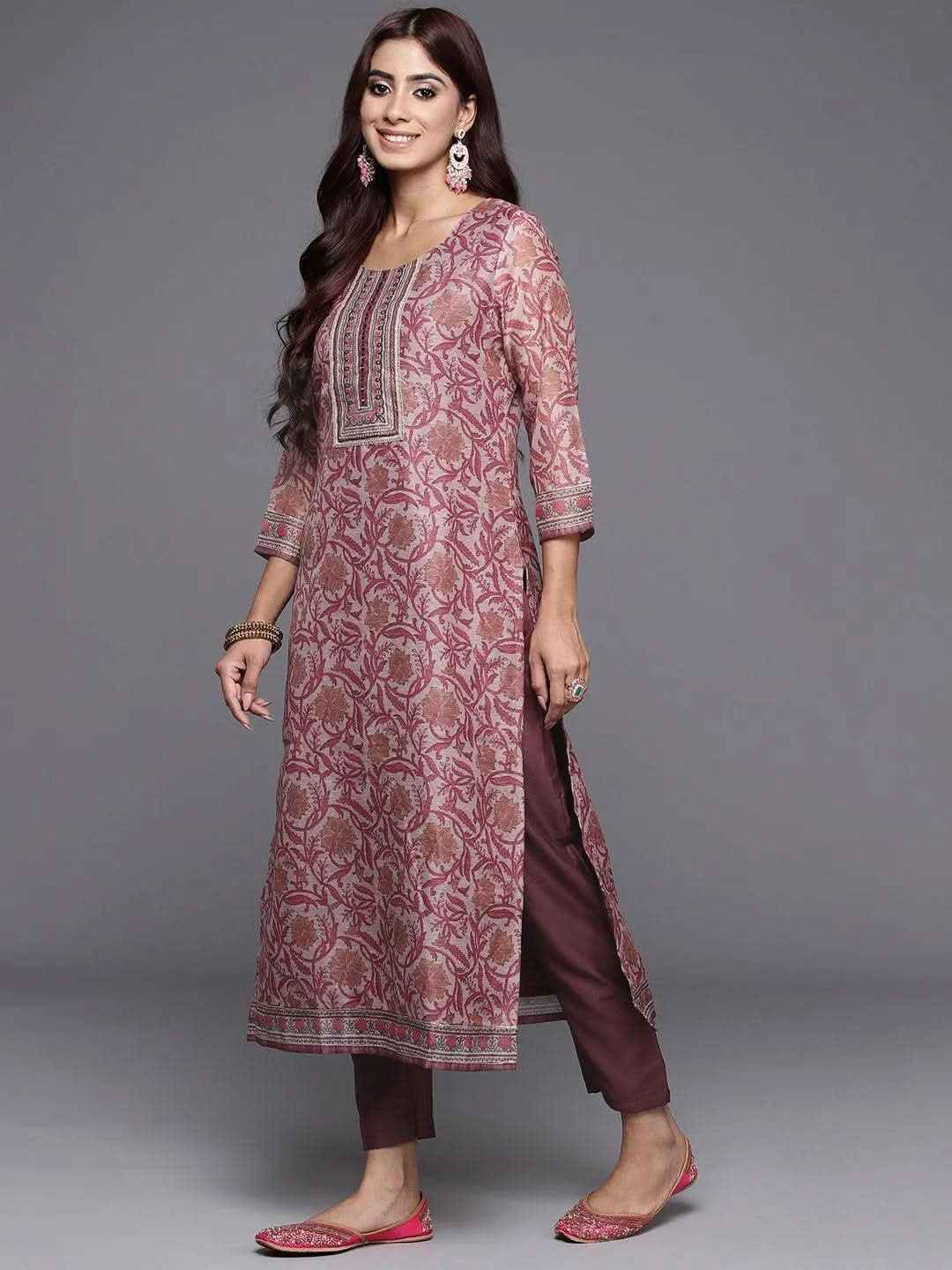 Mauve Yoke Design Silk Blend Straight Kurta With Trousers & Dupatta