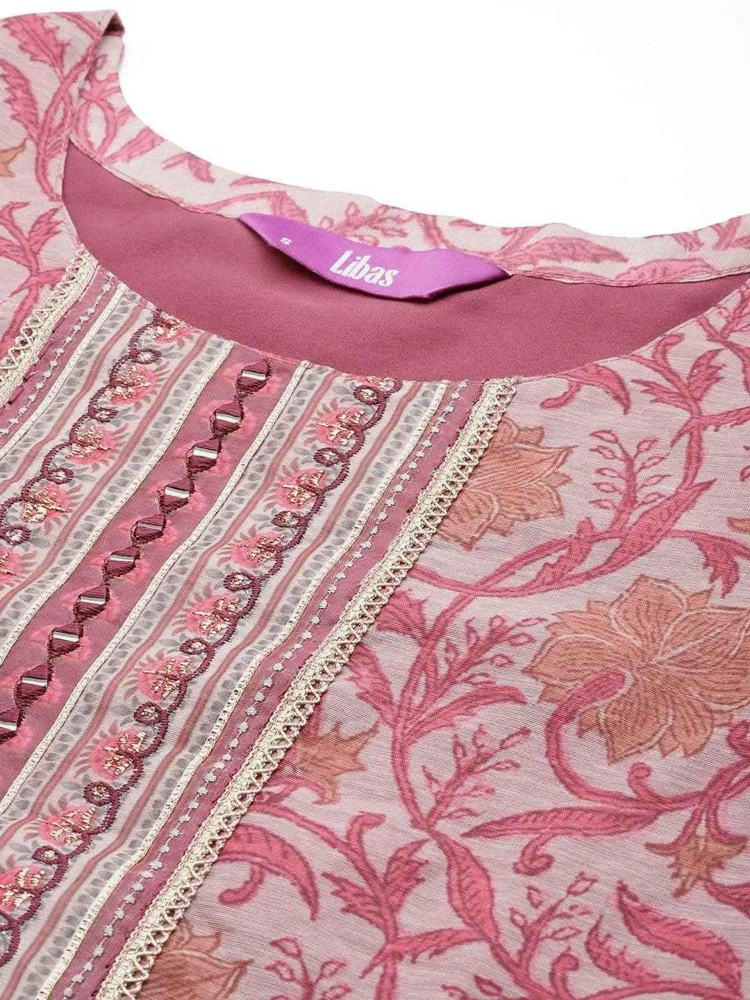 Mauve Yoke Design Silk Blend Straight Kurta With Trousers & Dupatta
