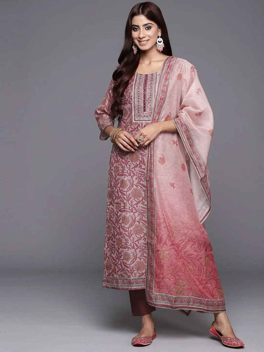 Mauve Yoke Design Silk Blend Straight Kurta With Trousers & Dupatta