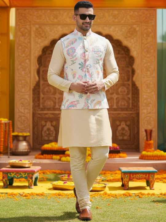 KISAH Men Digital Print Kurta Nehru Jacket Churidar Set