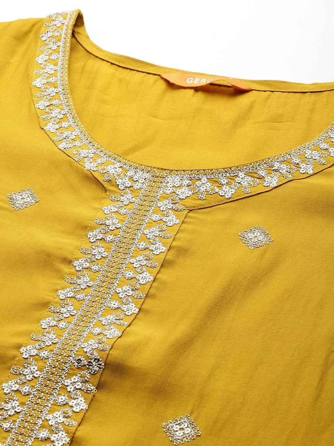 Mustard Embroidered Silk Blend Straight Suit With Dupatta