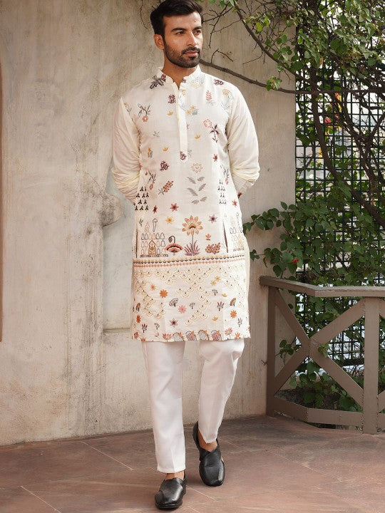 Jompers Men Floral Embroidered Kurta with Pyjama