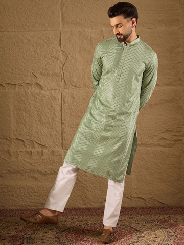 House of Pataudi Chevron Embroidered Mandarin Collar Straight Kurta & Trousers