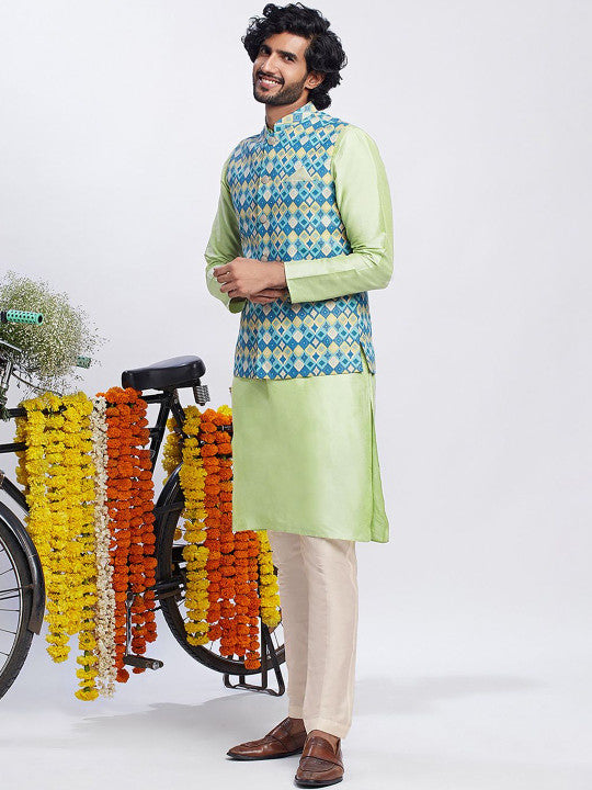 KISAH Men Printed Kurta Nehru Jacket Trouser Set
