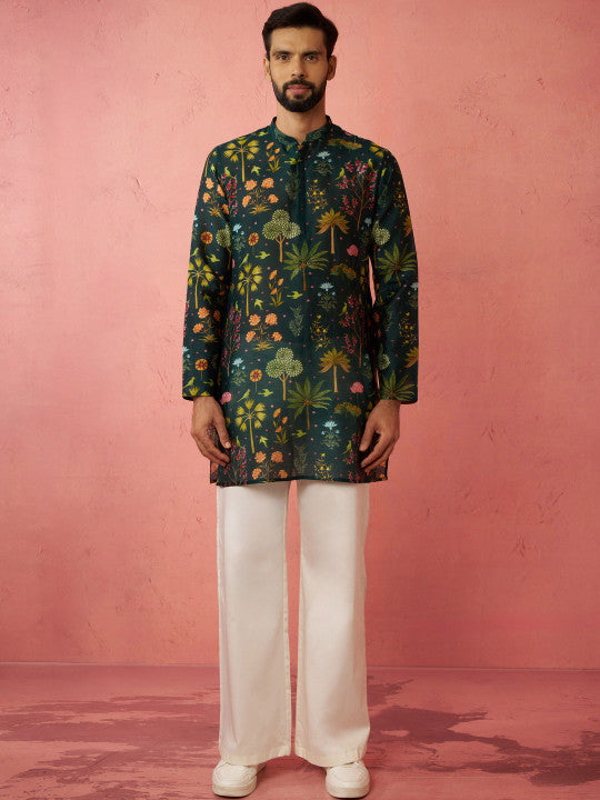 VASTRAMAY Floral Printed Band Collar Straight Kurta With Trousers