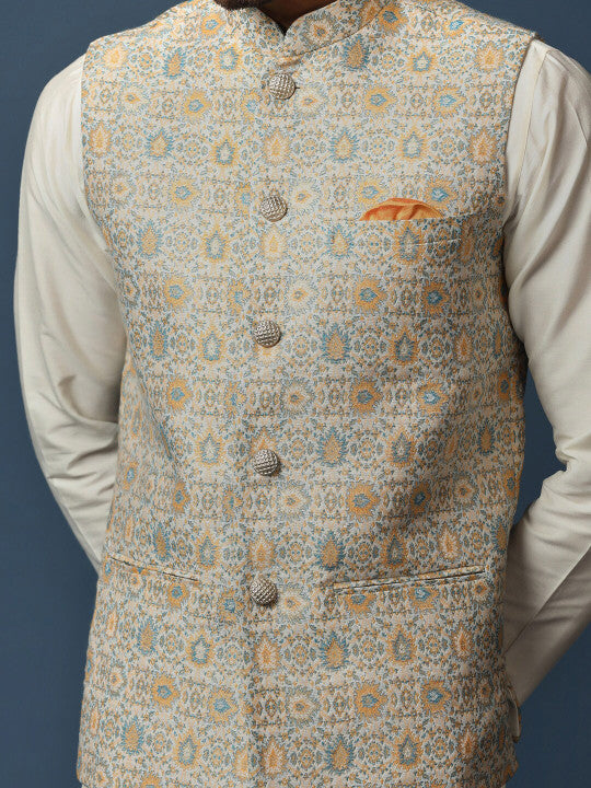 KISAH Mandarin Collar Regular Kurta with Churidar & Printed Nehru Jacket