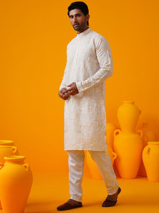 SOJANYA Men Floral Embroidered Regular Kantha Work Kurta with Pyjamas