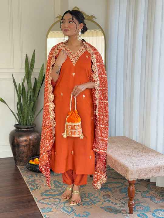 Zari Floral Embroidered V-Neck Straight Kurta With Trousers & Dupatta