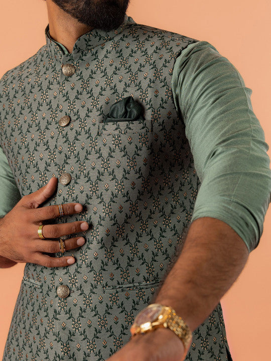 KISAH Mandarin Collar Straight Kurta With Churidar & Woven Design Nehru jacket