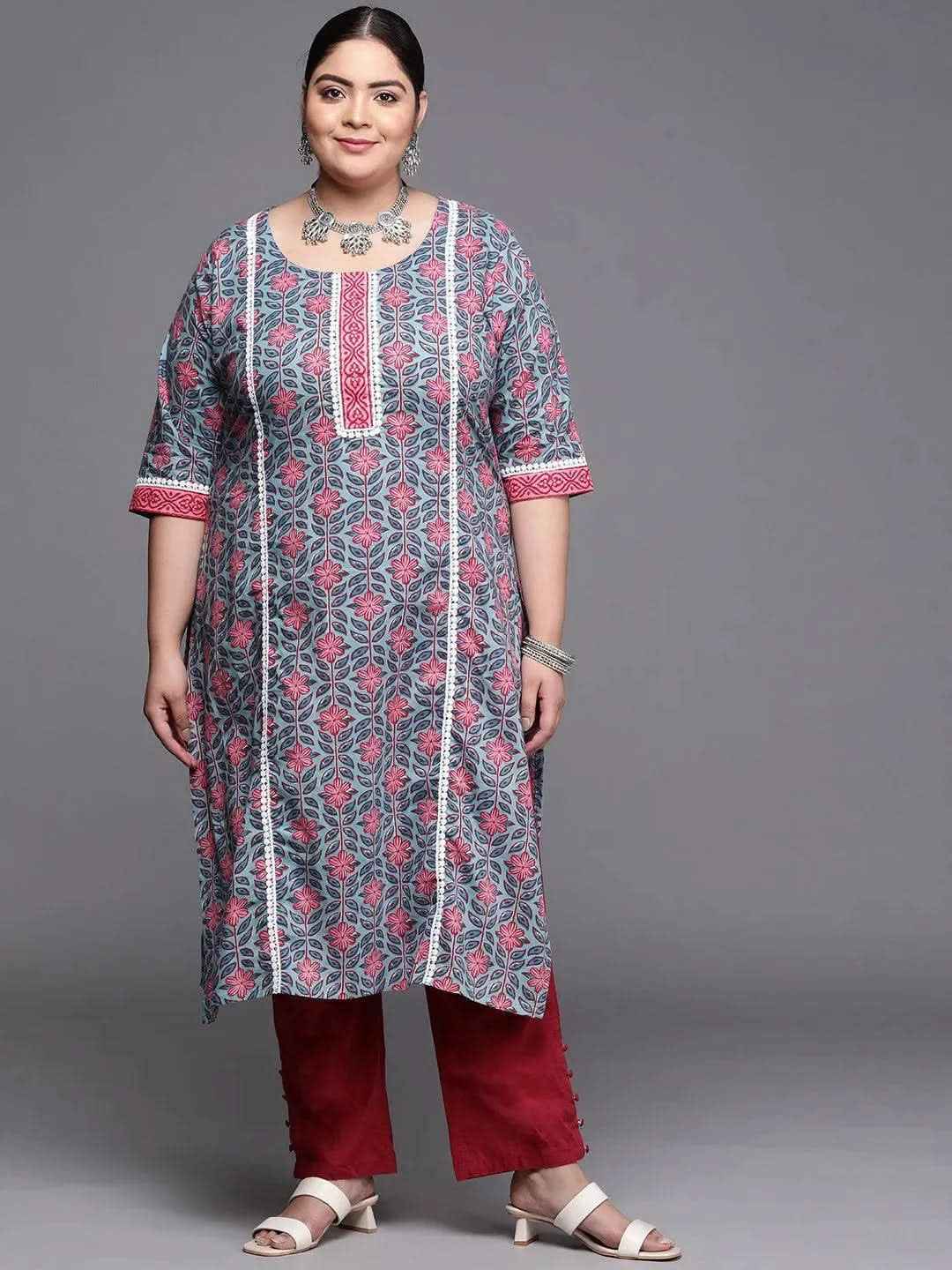 Plus Size Blue Printed Cotton Kurta