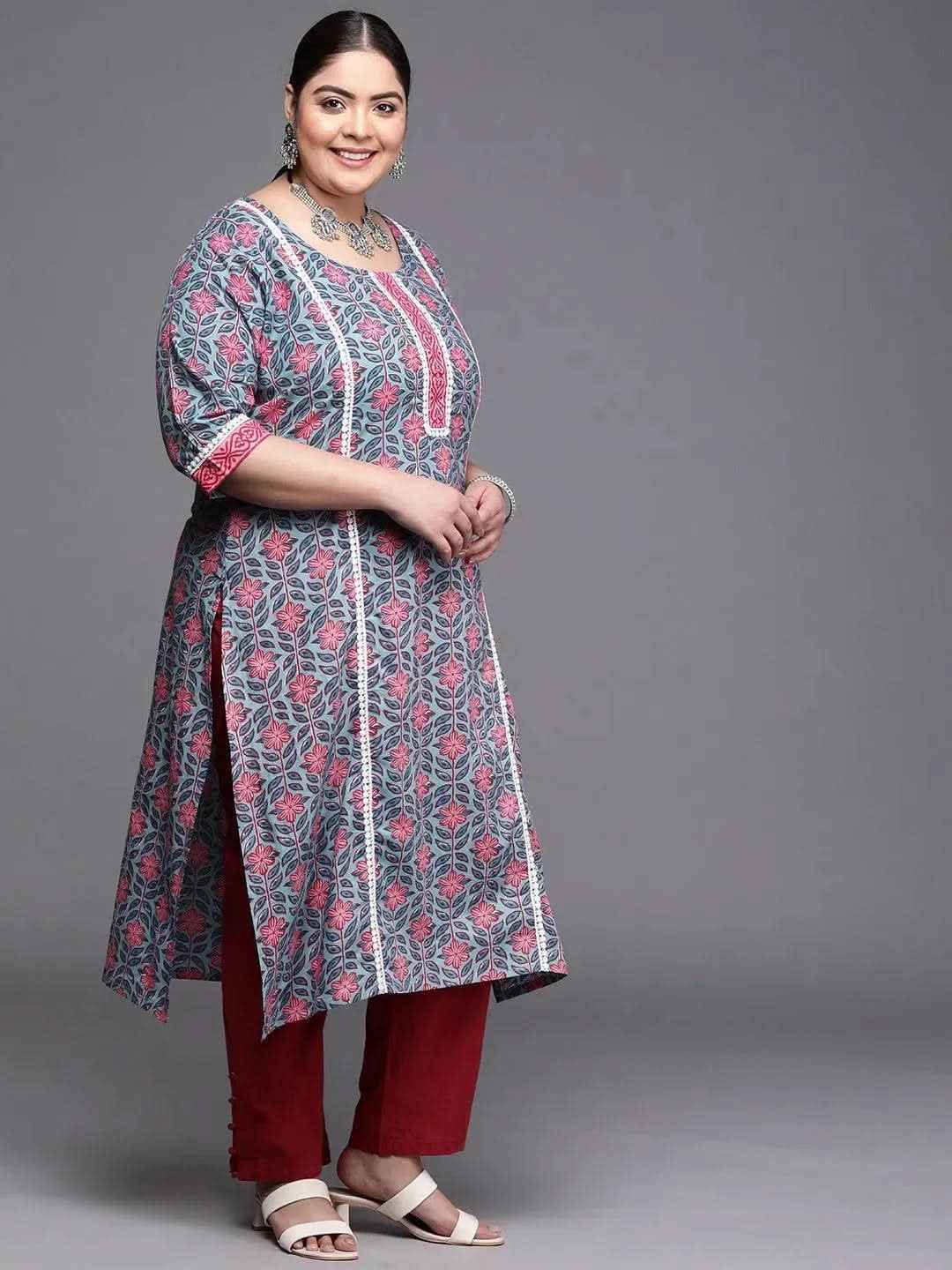 Plus Size Blue Printed Cotton Kurta
